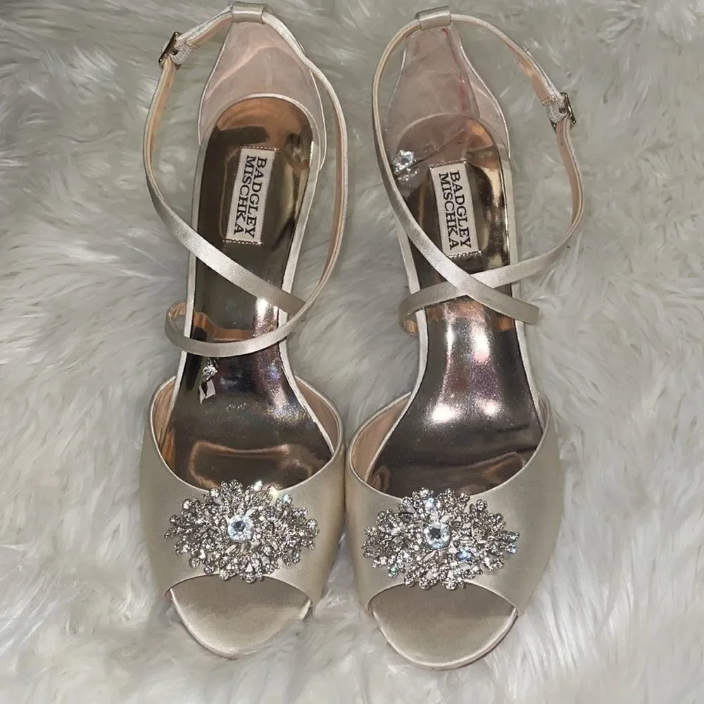 Badgley Mischka Cream Abigail Evening Wedge Sandals